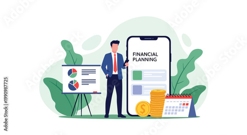 Flat style vector illustration of person planning finances with charts, calendar, and coins, representing budgeting, money management, and financial strategy for personal growth