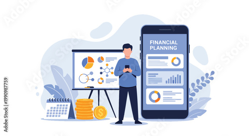 Flat style vector illustration of person planning finances with charts, calendar, and coins, representing budgeting, money management, and financial strategy for personal growth