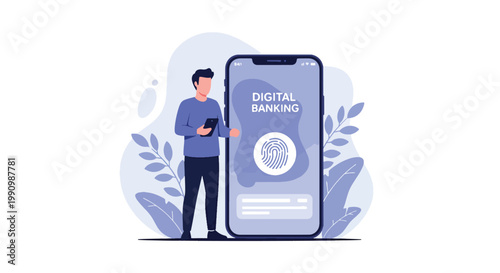 Flat style vector illustration of person unlocking mobile banking app using fingerprint scan, representing biometric authentication, secure access, and identity protection