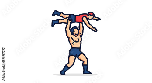 Strongman lifting a smaller person above his head in a demonstration of strength and power, vector illustration with clean lines and solid colors