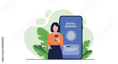 Flat style vector illustration of person unlocking mobile banking app using fingerprint scan, representing biometric authentication, secure access, and identity protection