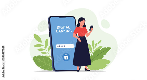 Flat style vector illustration of person logging into banking app with password and lock icons, representing secure access, authentication, and digital account protection