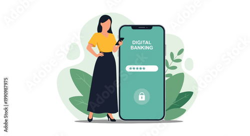 Flat style vector illustration of person logging into banking app with password and lock icons, representing secure access, authentication, and digital account protection