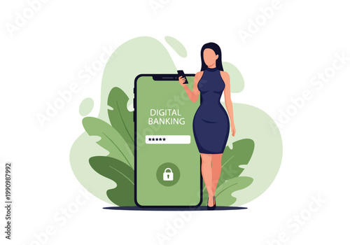 Flat style vector illustration of person logging into banking app with password and lock icons, representing secure access, authentication, and digital account protection