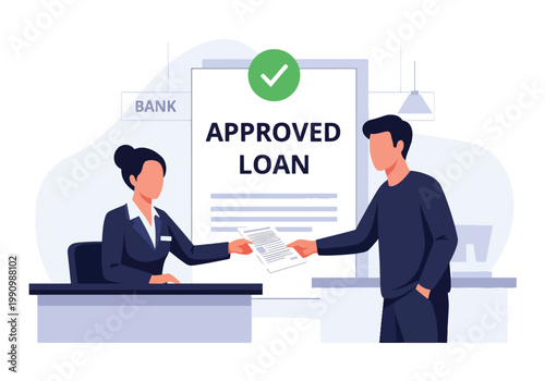 Flat style vector illustration of banker giving approved loan document with checkmark to customer, representing financial service, credit approval, and banking process