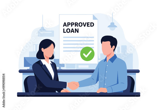 Flat style vector illustration of banker giving approved loan document with checkmark to customer, representing financial service, credit approval, and banking process