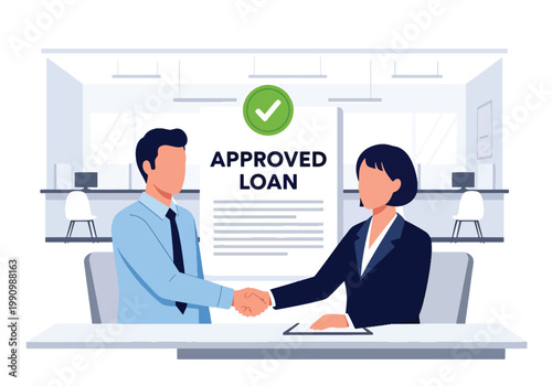 Flat style vector illustration of banker giving approved loan document with checkmark to customer, representing financial service, credit approval, and banking process