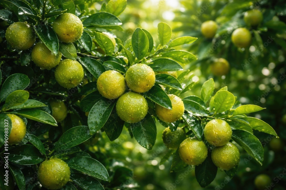 Fototapeta premium Calamansi Lime Tree with Fresh Fruits Surrounded by Lush Green Foliage