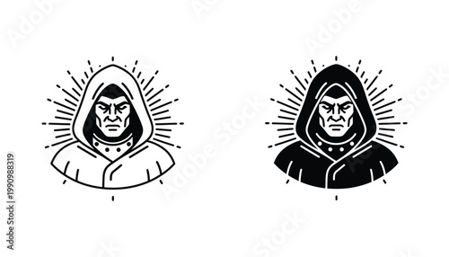 Mysterious hooded figure emblem with intense expression in linear and solid black vector illustration for fantasy gaming or dark thematic character design projects