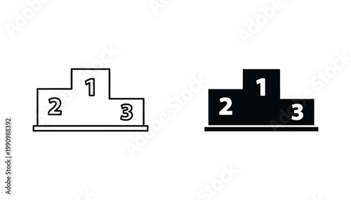 Minimalist winner podium icon set with first second and third place numerical ranking labels rendered in clean black and white line art and solid silhouette style for sports and business achievement