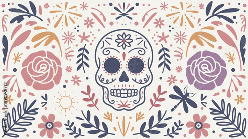 Colorful Sugar Skull and Floral Pattern for Day of the Dead