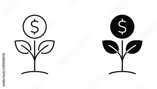 Money growth plant with dollar sign coin icon set in outline and solid black for financial investment and business growth concepts