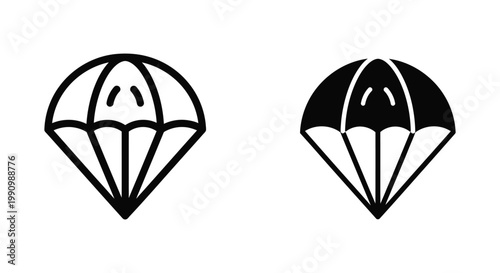 Parachute icon set featuring line art and solid vector designs for extreme sports concepts