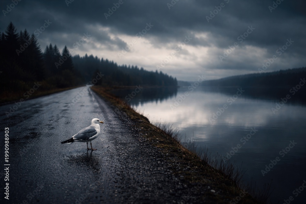 Fototapeta premium Bird on quiet grey road near reflective water under moody skies with copy space