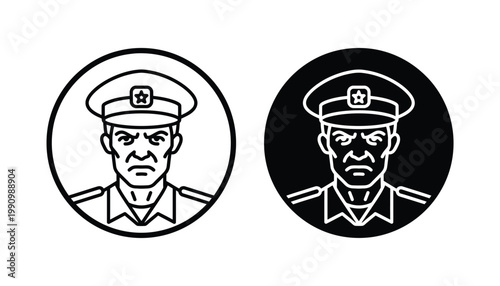 Angry police officer avatar icon set wearing peaked cap and uniform in outline and solid black vector style for security and law enforcement