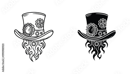 Steampunk bearded gentleman icon set wearing top hat with gears in outline and solid black vector design for retro futuristic character branding