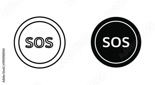 Circular SOS emergency signal button vector icon in outline and solid black style set