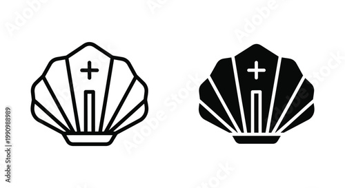 Seashell with religious cross symbol vector icon in outline and solid black style set