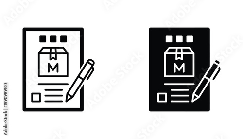 Logistics document clipboard icon set with cardboard box and pen in outline and solid black vector format for shipping and supply chain management