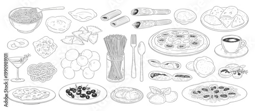 Hand-drawn collection of Italian food and drinks pasta