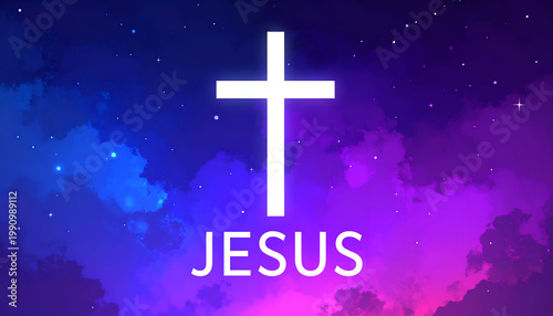 White glowing Christian cross with Jesus name on vibrant purple and blue galaxy nebula star background
