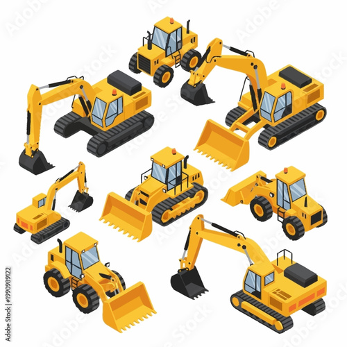 Collection of Yellow Construction Vehicles in Isometric View.