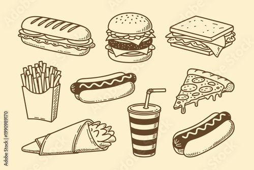 Hand-drawn doodle style fast food collection illustration
