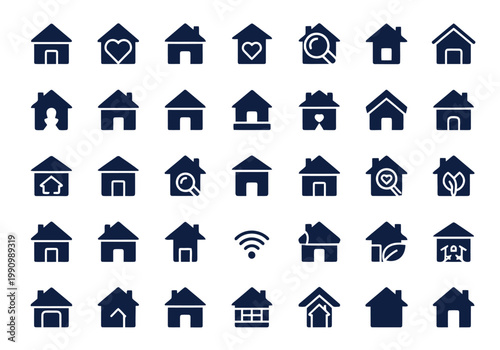 A comprehensive set of dark blue house icons accompanied by diverse smart home and property concepts.