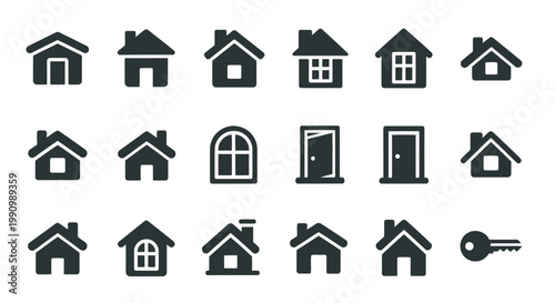 A focused collection of solid black icons representing houses and individual architectural elements.