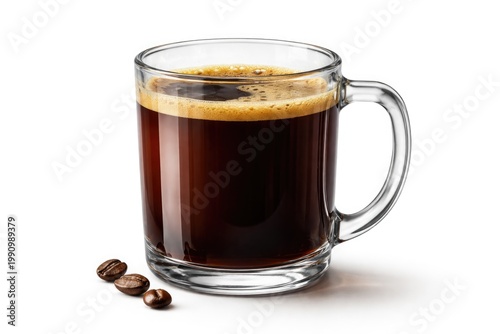 Timeless coffee americano served in a crystal clear mug with white background