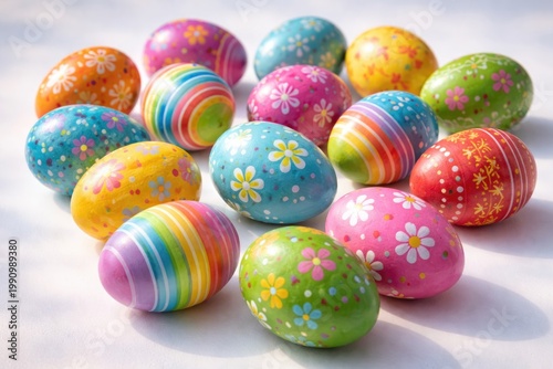 Collection of vibrant eggs placed on smooth white surface