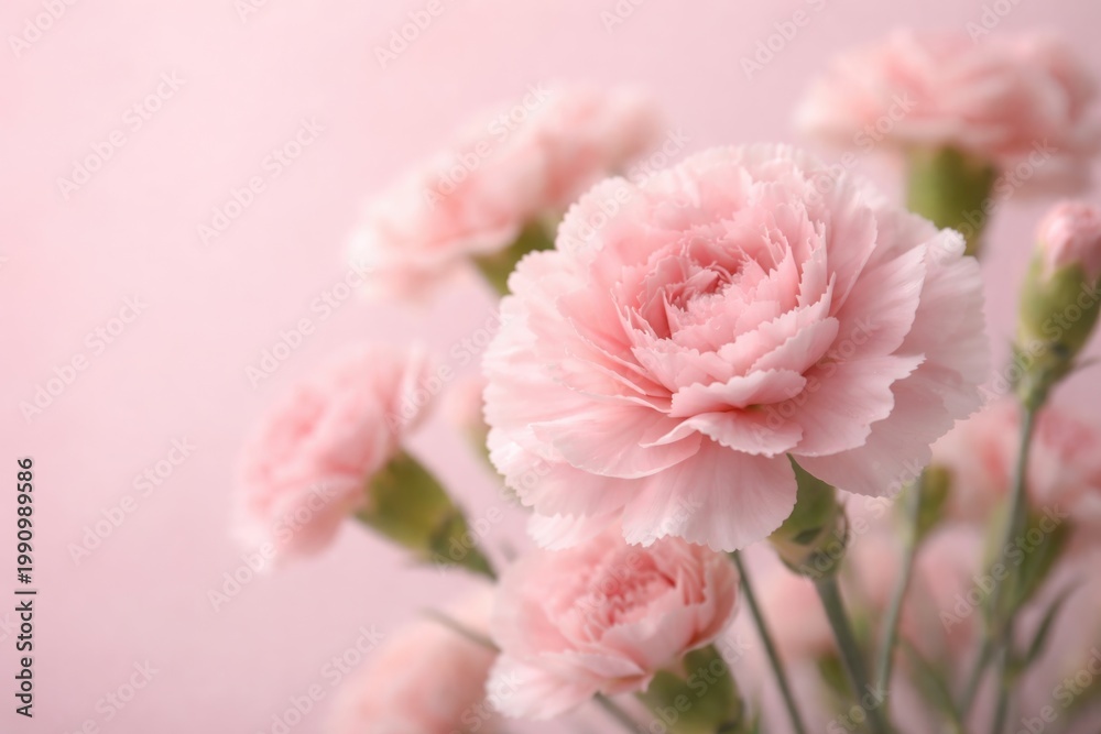 Fototapeta premium Close up of pink carnations set against a smooth pink pastel canvas