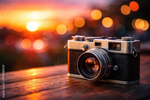 Old Fashioned Compact Camera with Sunset Glow and Colorful Bokeh Copy Space