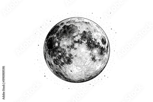 Hand drawn monochrome lunar planet illustration with pristine white backdrop