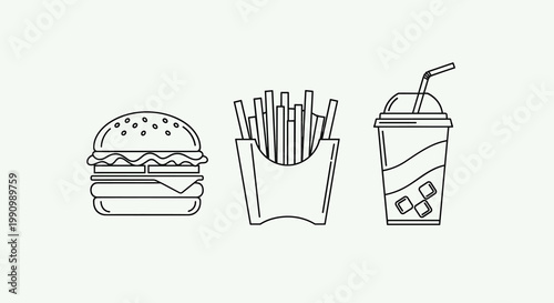 A black line drawing of a hamburger french fries and a soda cup on a light green background representing fast food and restaurant concepts, Generative AI.