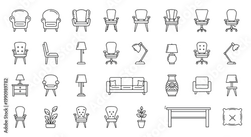 A collection of line drawings depicting various furniture and home decor items including chairs lamps plants sofa table and pillows, Generative AI.