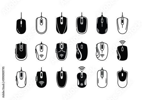 A detailed collection of computer mouse icons in various black and outline designs for technological use.