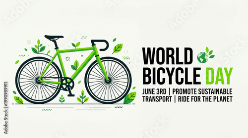 Eco friendly bicycle with green leaves symbolizing sustainable transport movement and environmental awareness message for global event promotion creative banner design