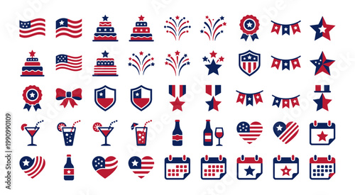 Patriotic Icon Set with USA Decorations and Symbols – 4th of July Clipart Vector Collection