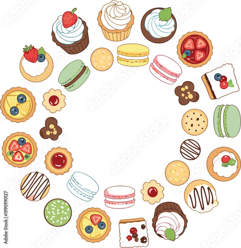 Dessert circle composition with cupcakes, macarons, cookies and pastries in colorful cartoon style for bakery design, menu decoration and sweet food illustration