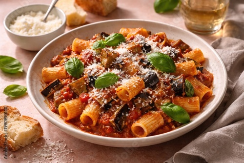Traditional Italian pasta alla Norma with eggplant tomato sauce and fresh basil served with grated ricotta salata cheese on a pink and beige table.