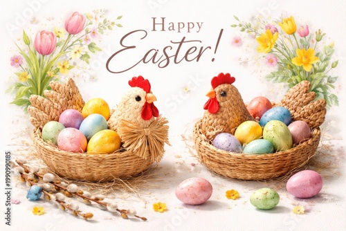 Easter postcard with colorful eggs arranged in handmade hen trays on white background