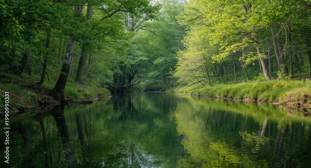 Fototapeta premium Still river coursing amidst lush woods with crisp reflections of trees and harmonious views on either bank