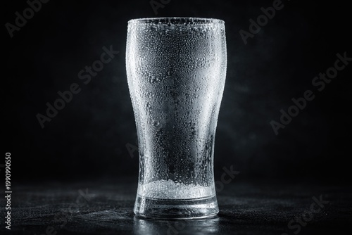 Detailed view of frosty empty beer glass against dark backdrop