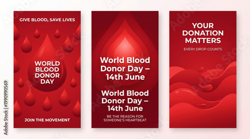 World blood donor day social media banner set with red drop background and donation message design for healthcare awareness promotion and life saving campaign