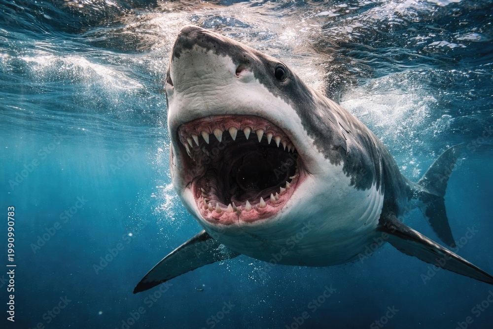 Obraz premium Great white shark swimming near ocean surface with open mouth showing teeth
