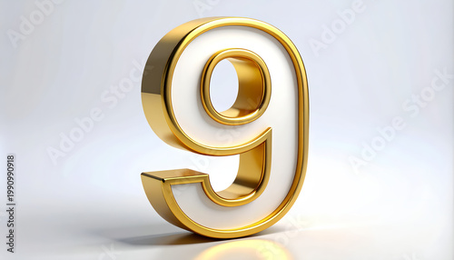 Luxury 3D golden number nine with white inlay on studio background for anniversary branding