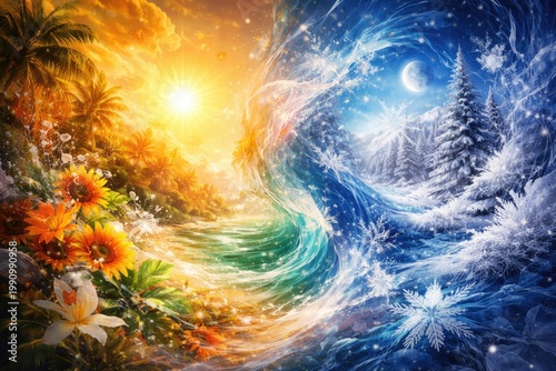Abstract digital artwork blending warm summer and cool winter themes