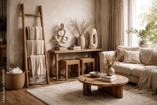 Stylish modern living space with wooden ladder blanket holder and artistic sculpture accents