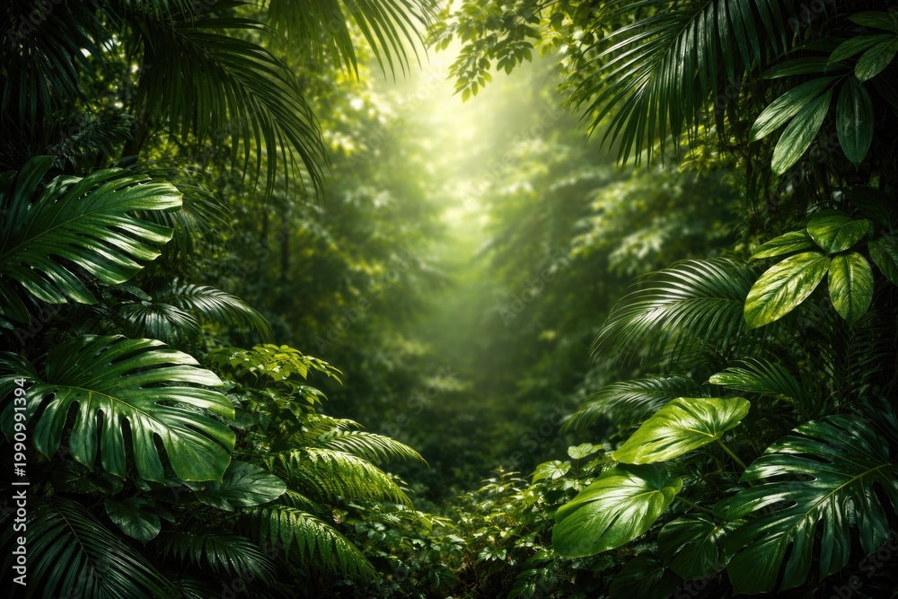 Fototapeta premium Dense tropical foliage background with vibrant leaves and copy space under soft daylight